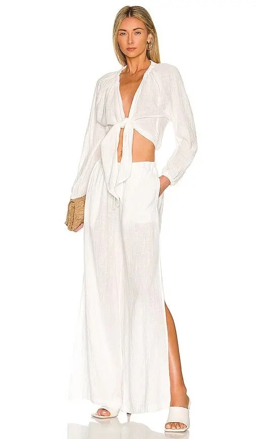Bella Dahl White 2 Piece Side Slit Tie Front Wide Leg Coastal Beach Pant Top Set